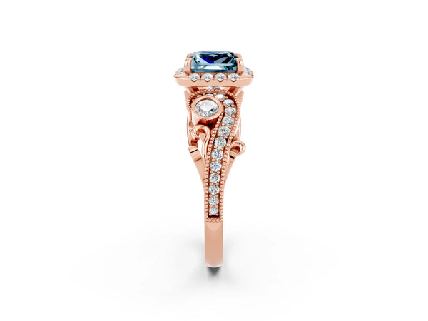 Rose gold Princess Cut Aquamarine Halo Ring with Milgrain Pavé Band and Four-Prong Setting