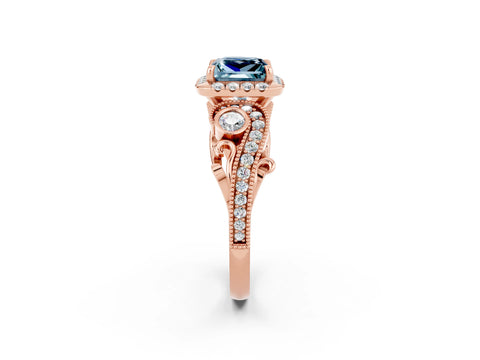 Rose gold Princess Cut Aquamarine Halo Ring with Milgrain Pavé Band and Four-Prong Setting_38