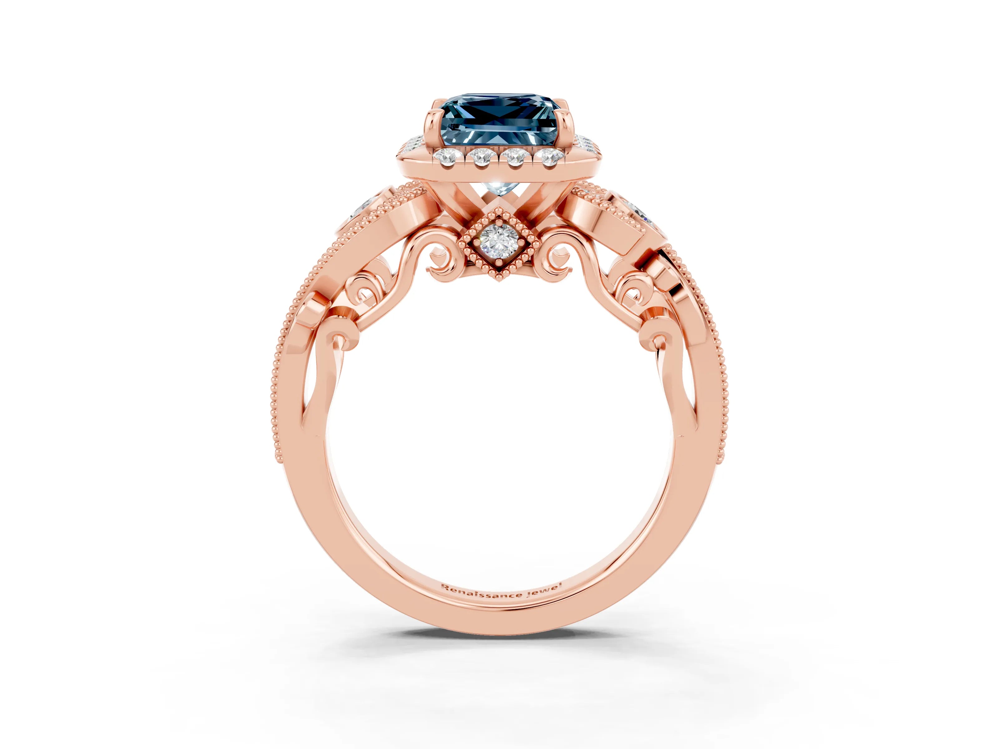 Rose gold Princess Cut Aquamarine Halo Ring with Milgrain Pavé Band and Four-Prong Setting_39
