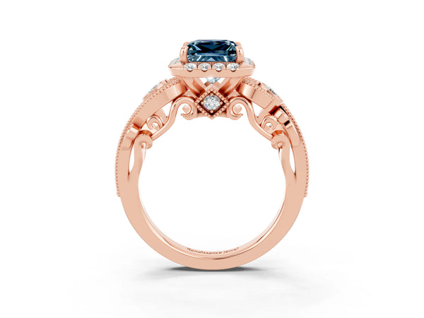 Rose gold Princess Cut Aquamarine Halo Ring with Milgrain Pavé Band and Four-Prong Setting