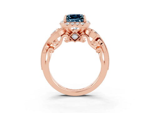 Rose gold Princess Cut Aquamarine Halo Ring with Milgrain Pavé Band and Four-Prong Setting_39