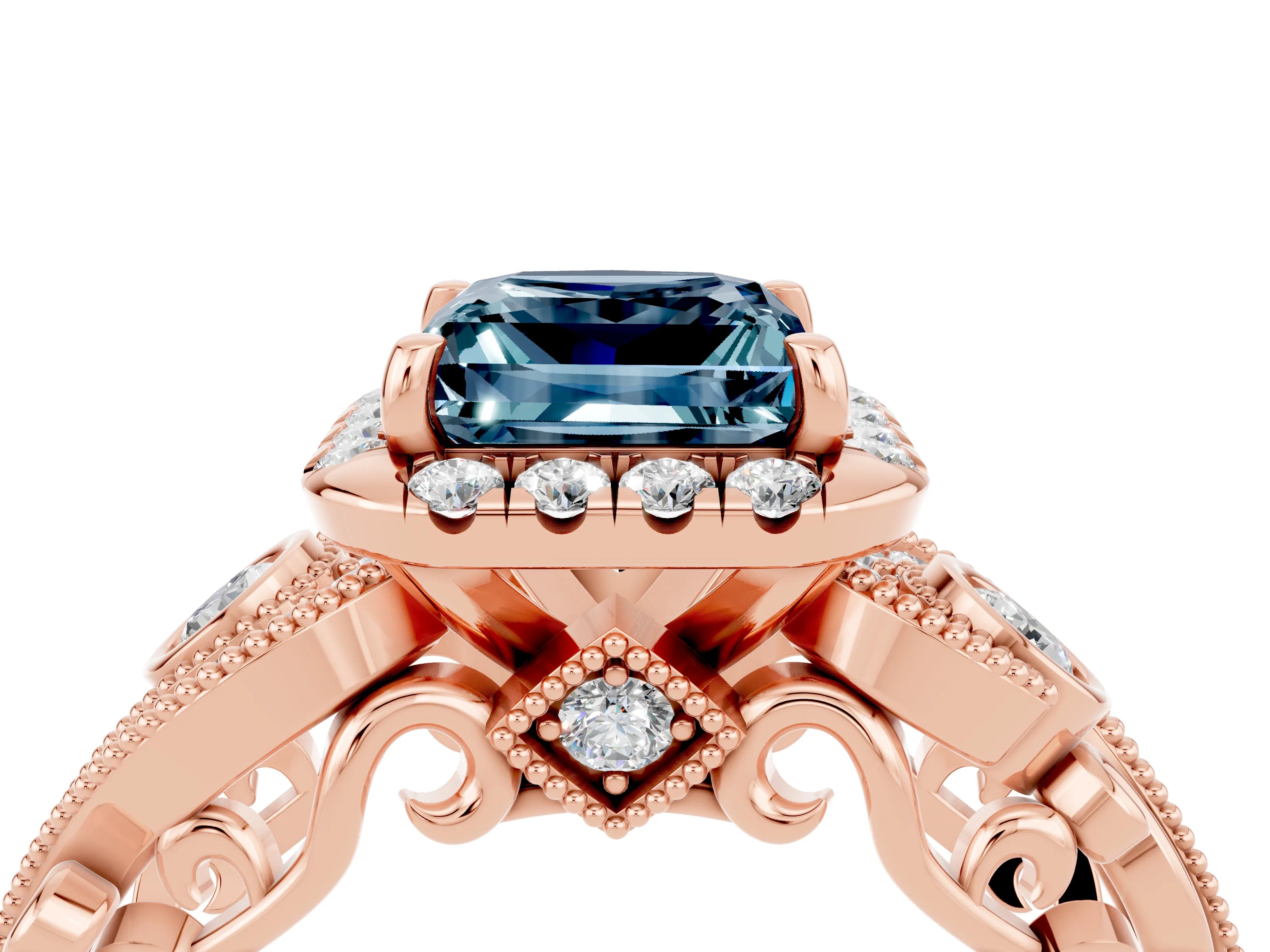 Rose gold Princess Cut Aquamarine Halo Ring with Milgrain Pavé Band and Four-Prong Setting_40