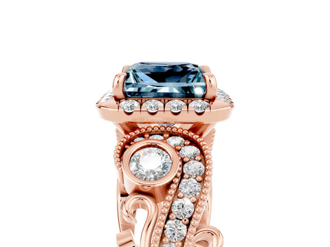 Rose gold Princess Cut Aquamarine Halo Ring with Milgrain Pavé Band and Four-Prong Setting_41