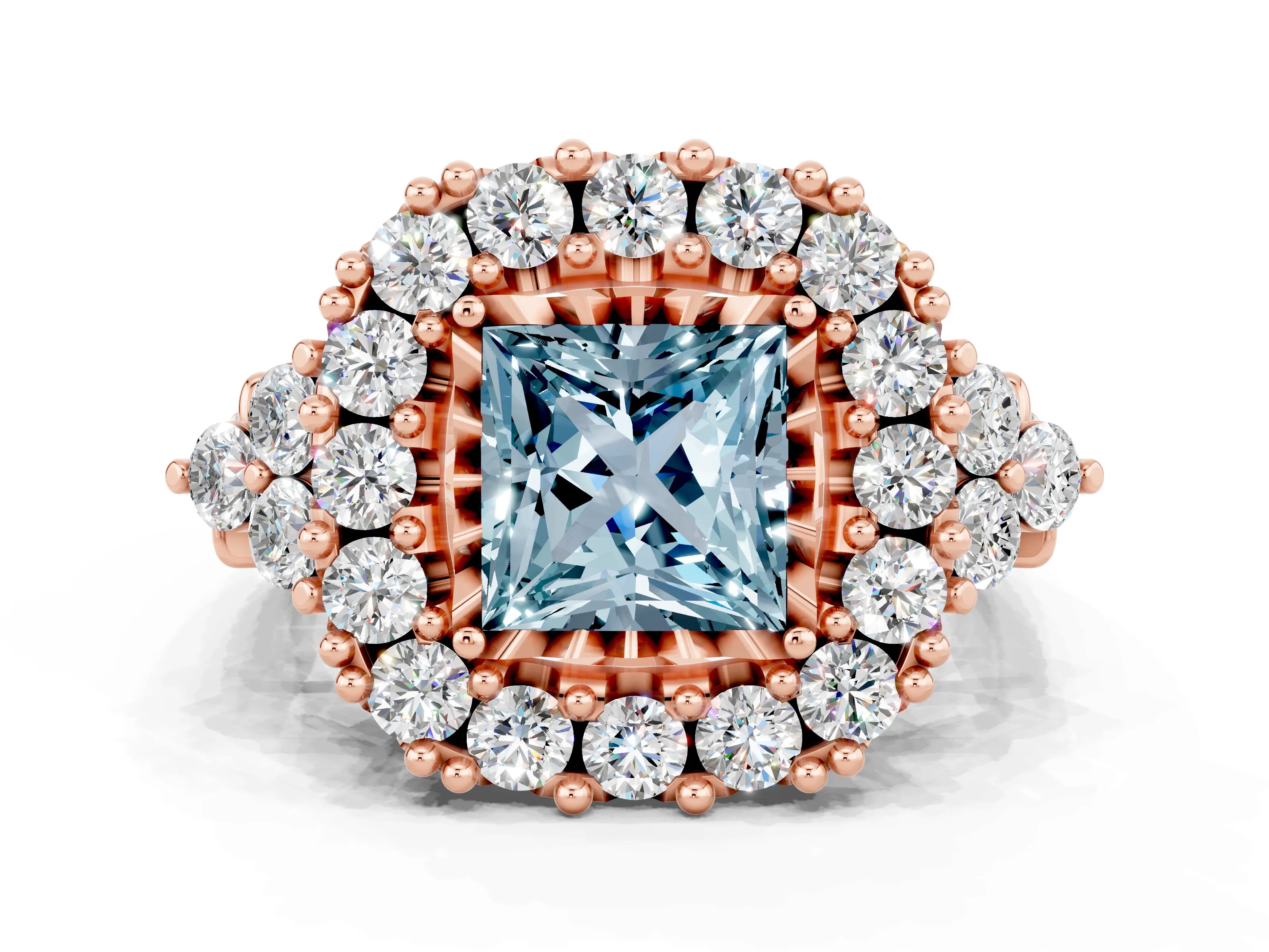 Rose gold Princess Cut Aquamarine Halo Ring with Pavé Band and Four-Prong Setting_12