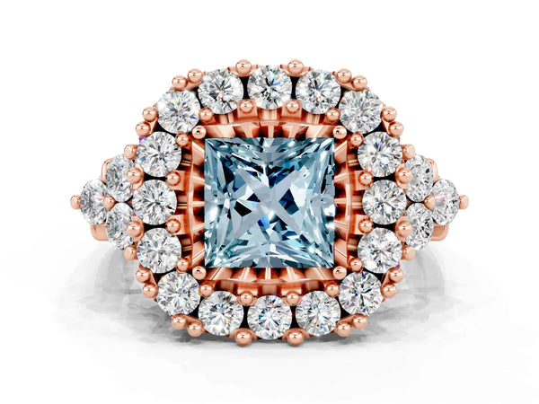 Rose gold Princess Cut Aquamarine Halo Ring with Pavé Band and Four-Prong Setting