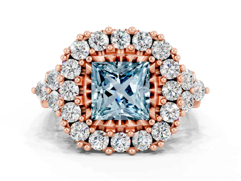 Rose gold Princess Cut Aquamarine Halo Ring with Pavé Band and Four-Prong Setting_12