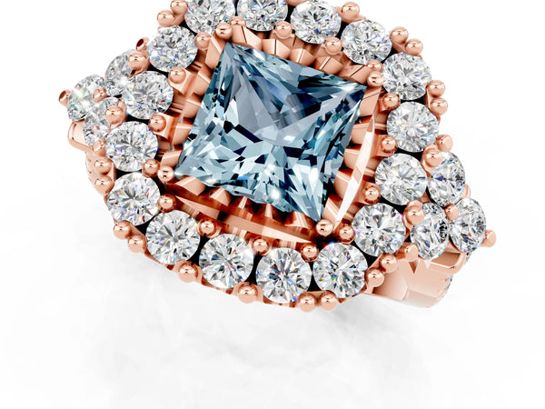 Rose gold Princess Cut Aquamarine Halo Ring with Pavé Band and Four-Prong Setting