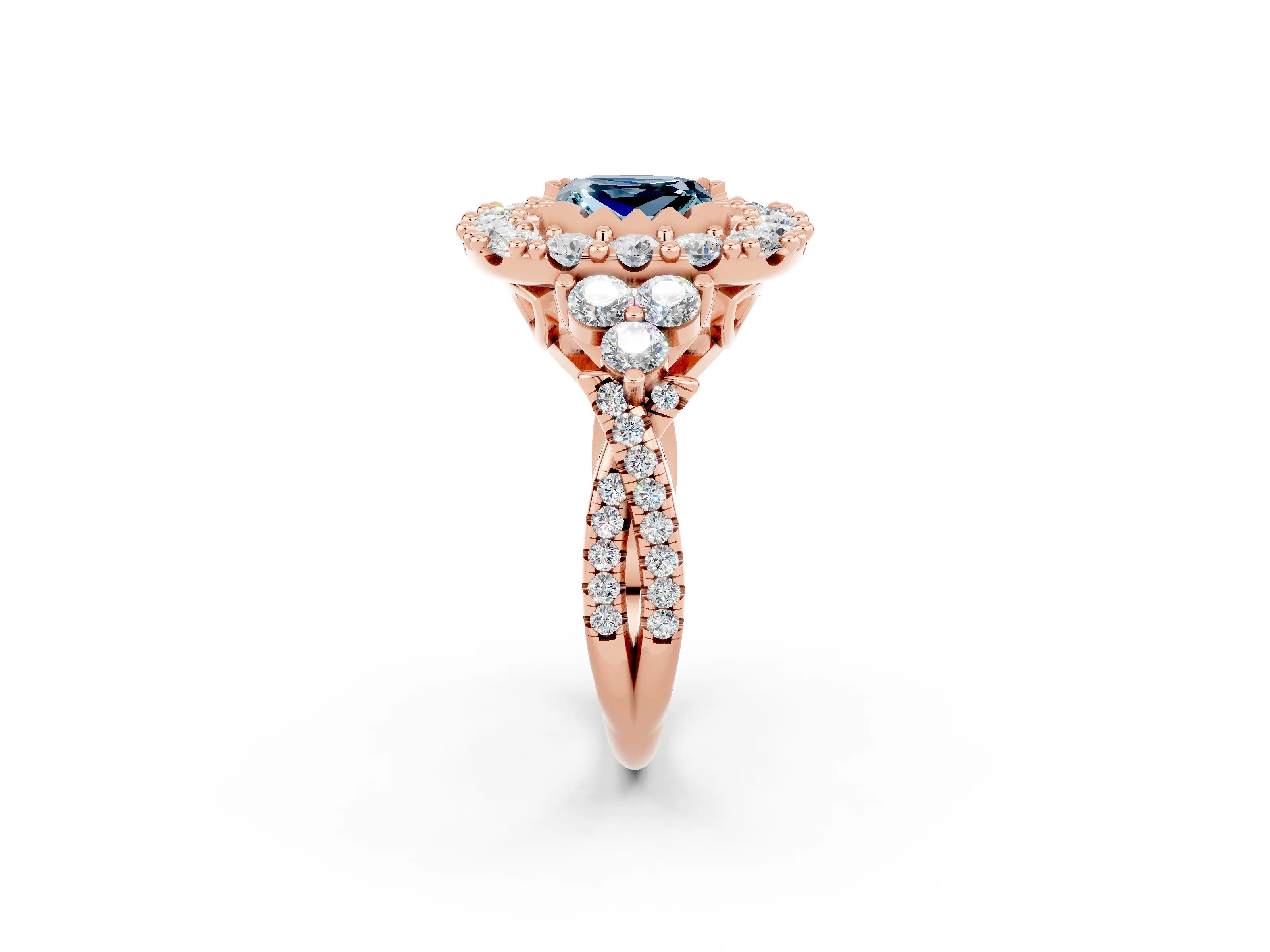Rose gold Princess Cut Aquamarine Halo Ring with Pavé Band and Four-Prong Setting_14