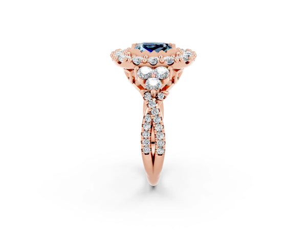 Rose gold Princess Cut Aquamarine Halo Ring with Pavé Band and Four-Prong Setting