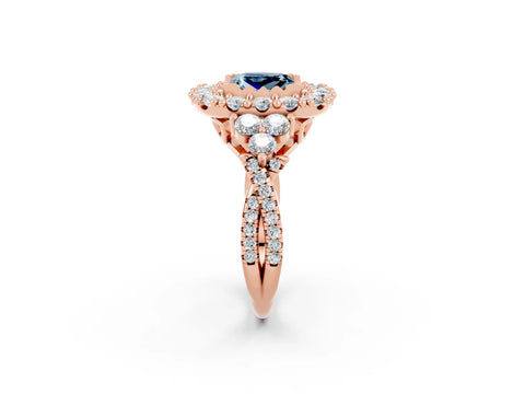 Rose gold Princess Cut Aquamarine Halo Ring with Pavé Band and Four-Prong Setting_14
