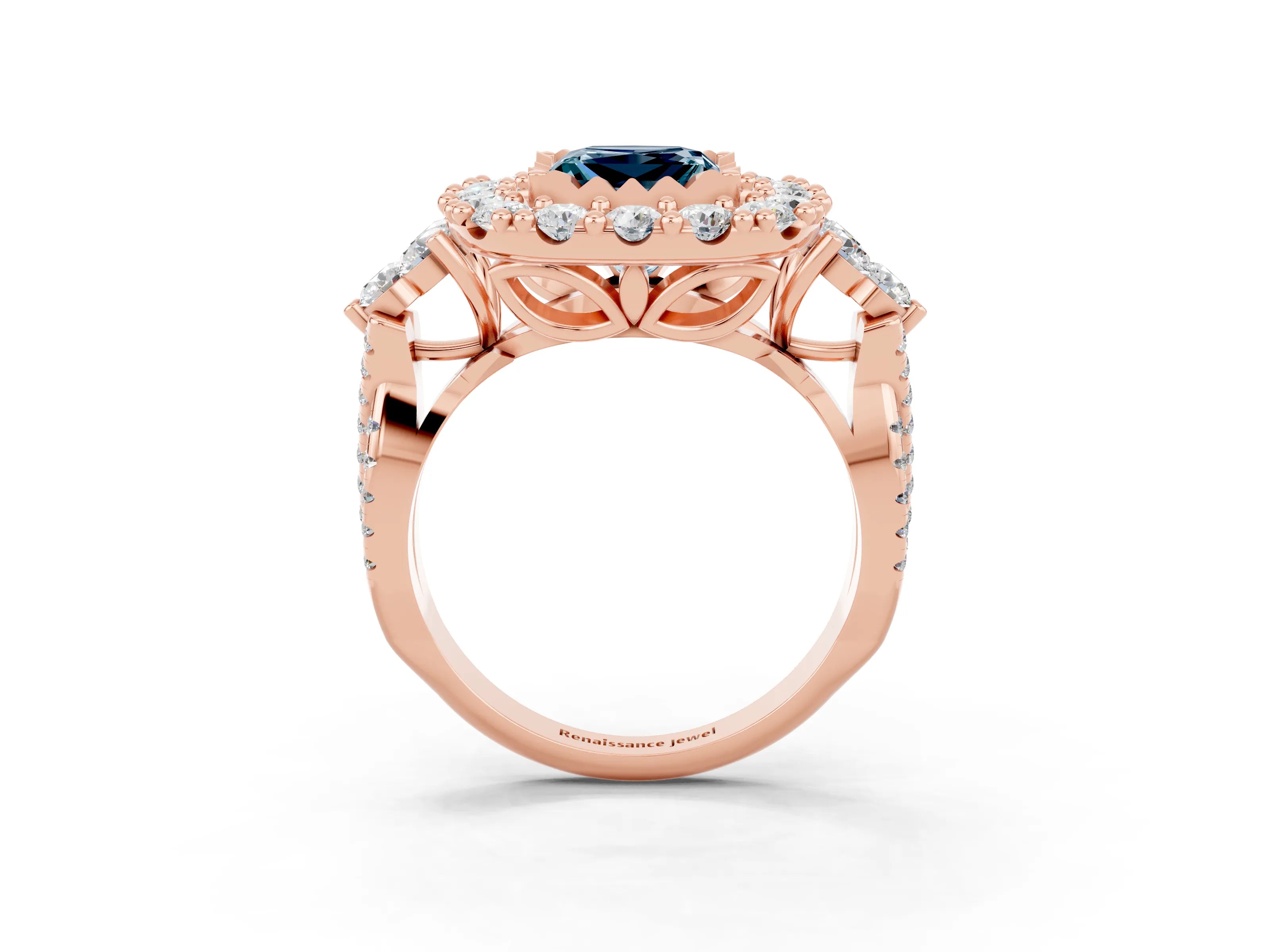 Rose gold Princess Cut Aquamarine Halo Ring with Pavé Band and Four-Prong Setting_15