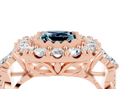 Rose gold Princess Cut Aquamarine Halo Ring with Pavé Band and Four-Prong Setting_16