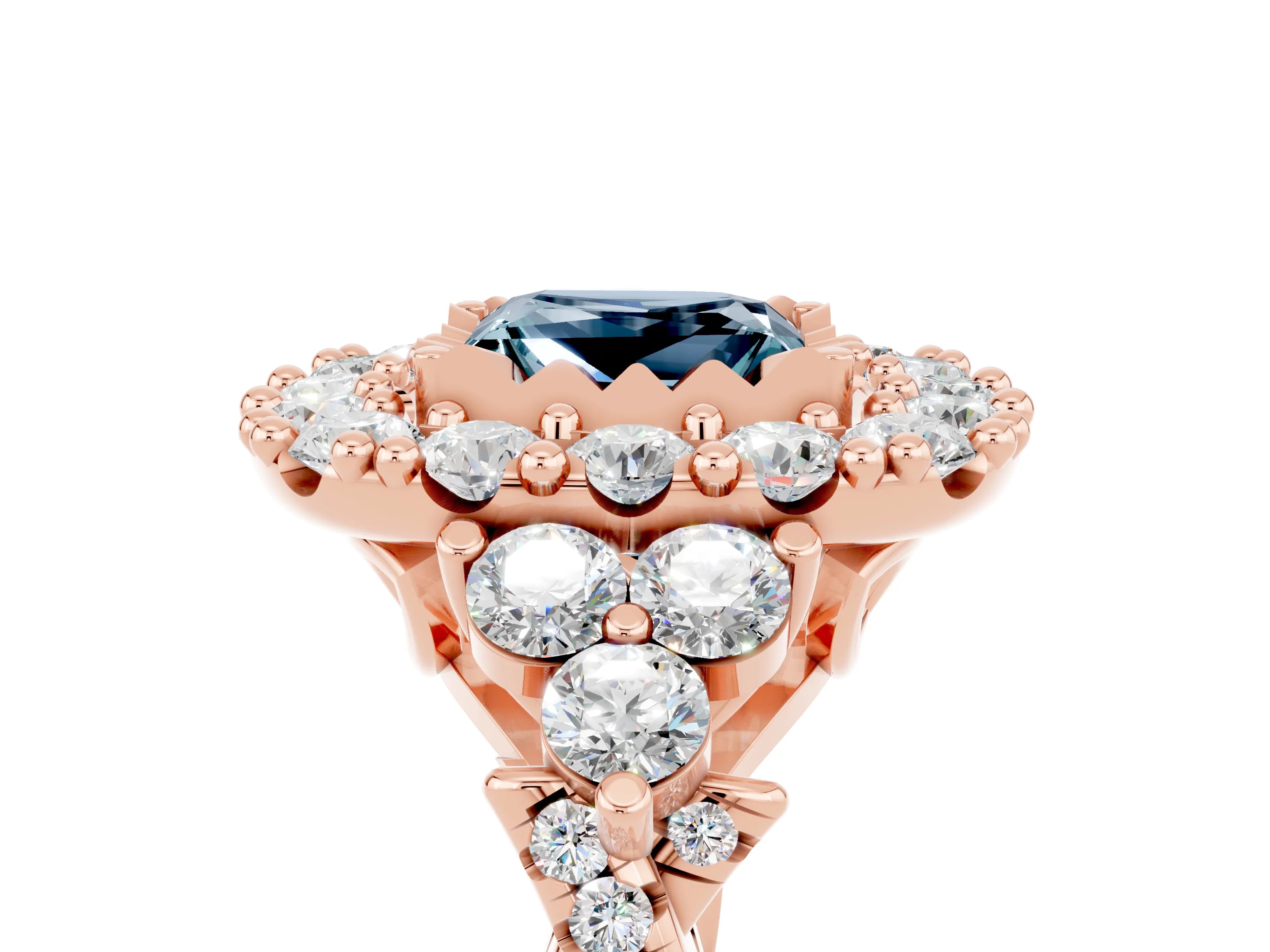 Rose gold Princess Cut Aquamarine Halo Ring with Pavé Band and Four-Prong Setting_17
