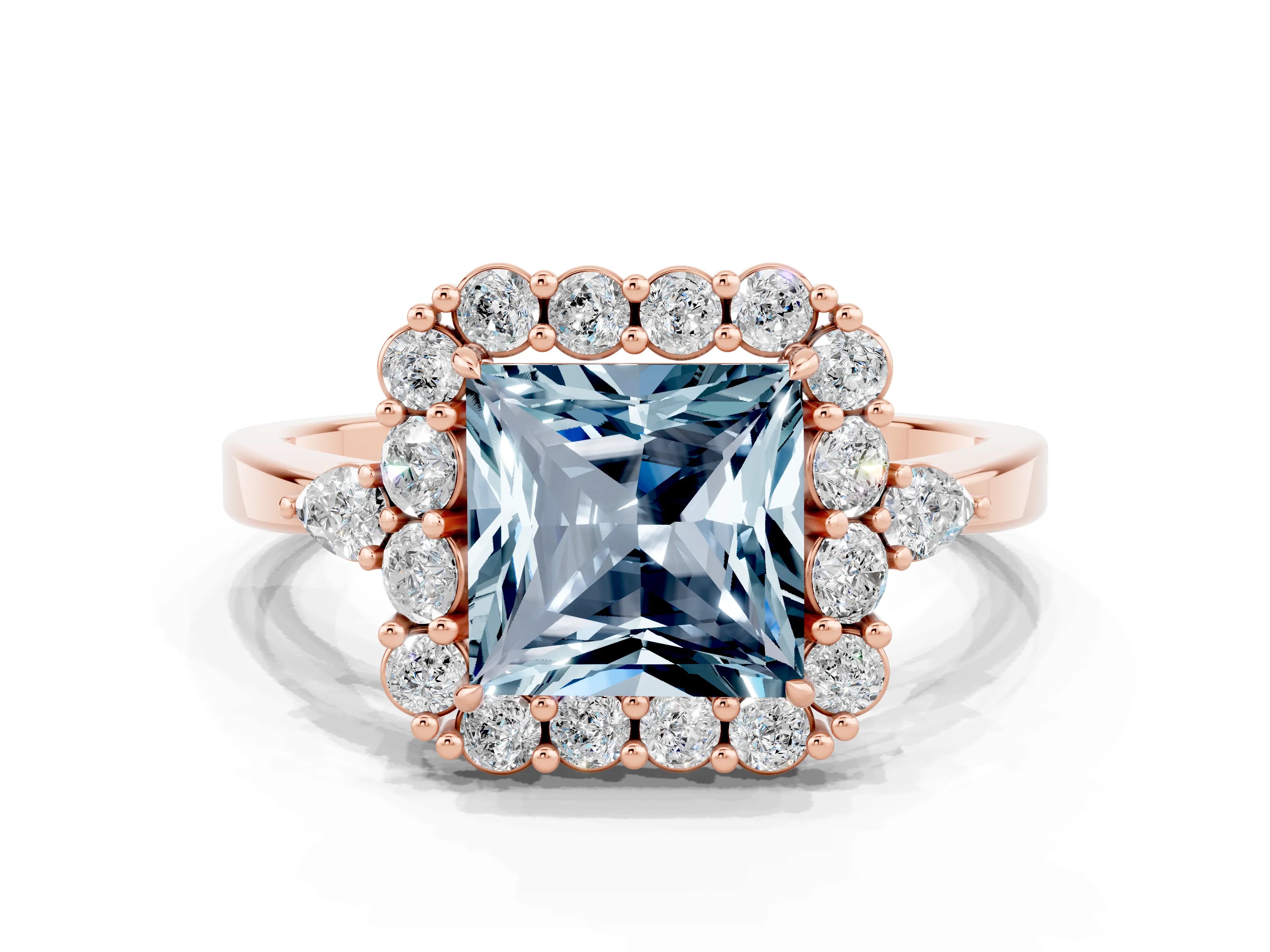 Rose gold Princess Cut Aquamarine Halo Ring with Pear Side Stones and Prong Setting_12