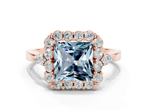 Rose gold Princess Cut Aquamarine Halo Ring with Pear Side Stones and Prong Setting_12