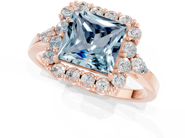 Rose gold Princess Cut Aquamarine Halo Ring with Pear Side Stones and Prong Setting