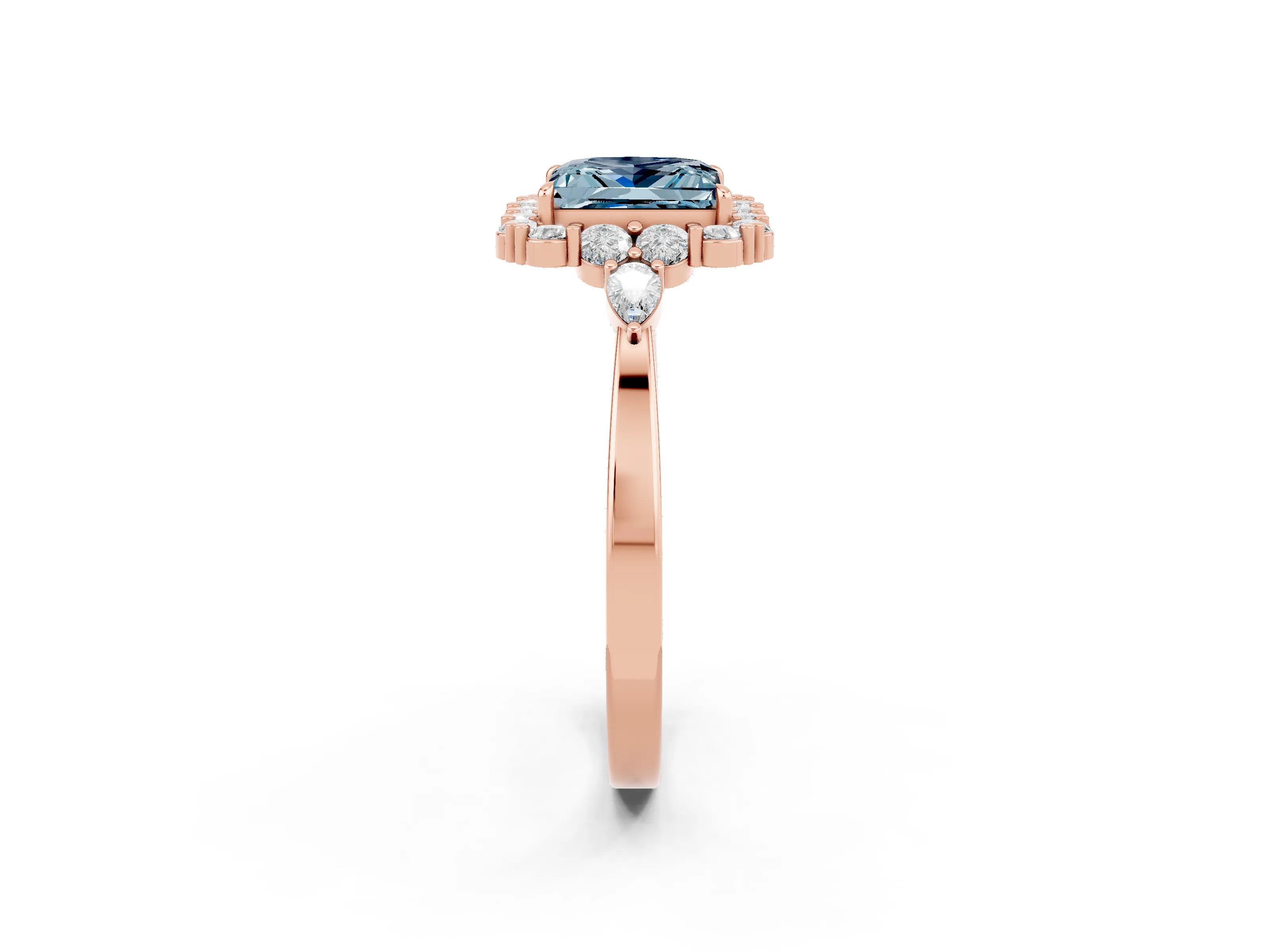 Rose gold Princess Cut Aquamarine Halo Ring with Pear Side Stones and Prong Setting_14