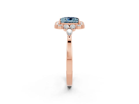 Rose gold Princess Cut Aquamarine Halo Ring with Pear Side Stones and Prong Setting_14