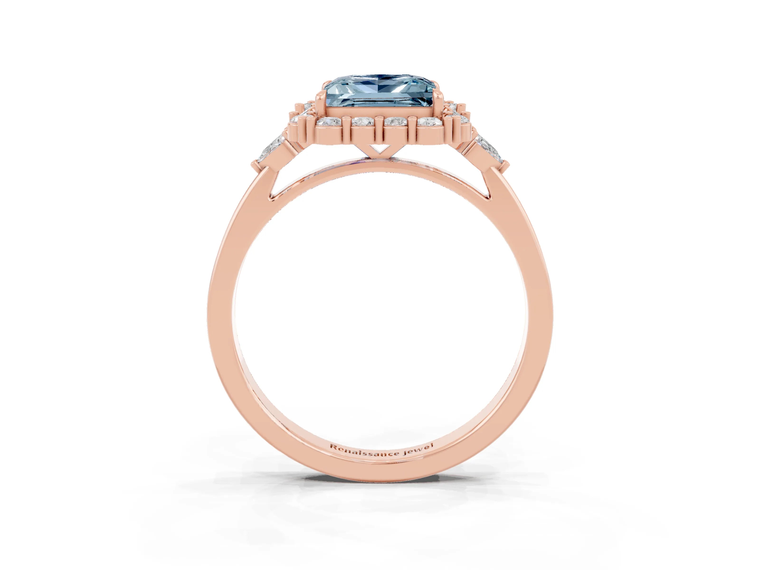 Rose gold Princess Cut Aquamarine Halo Ring with Pear Side Stones and Prong Setting_15