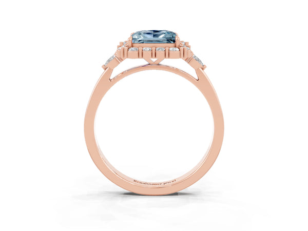 Rose gold Princess Cut Aquamarine Halo Ring with Pear Side Stones and Prong Setting