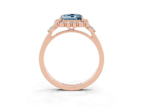 Rose gold Princess Cut Aquamarine Halo Ring with Pear Side Stones and Prong Setting_15