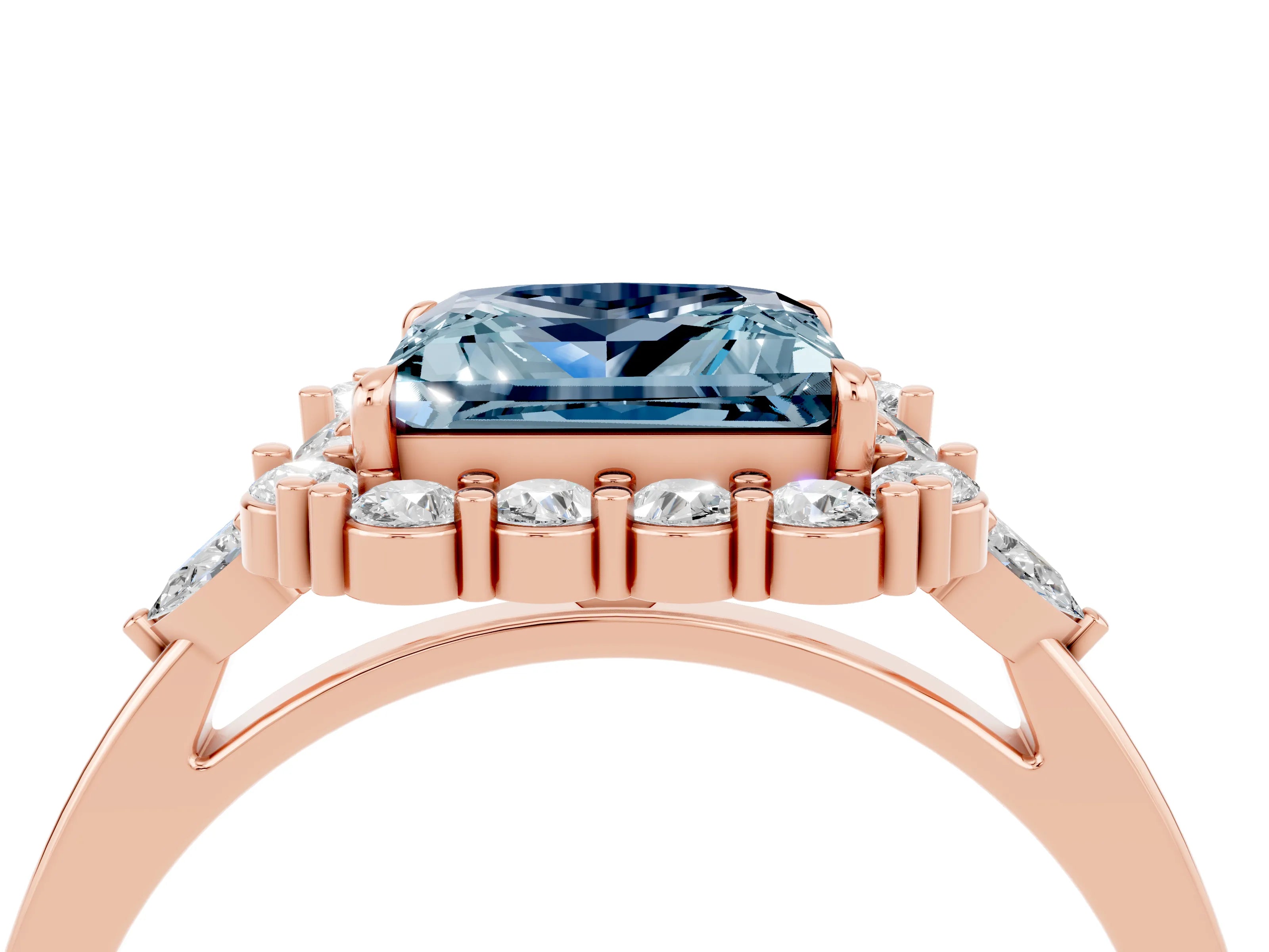 Rose gold Princess Cut Aquamarine Halo Ring with Pear Side Stones and Prong Setting_16