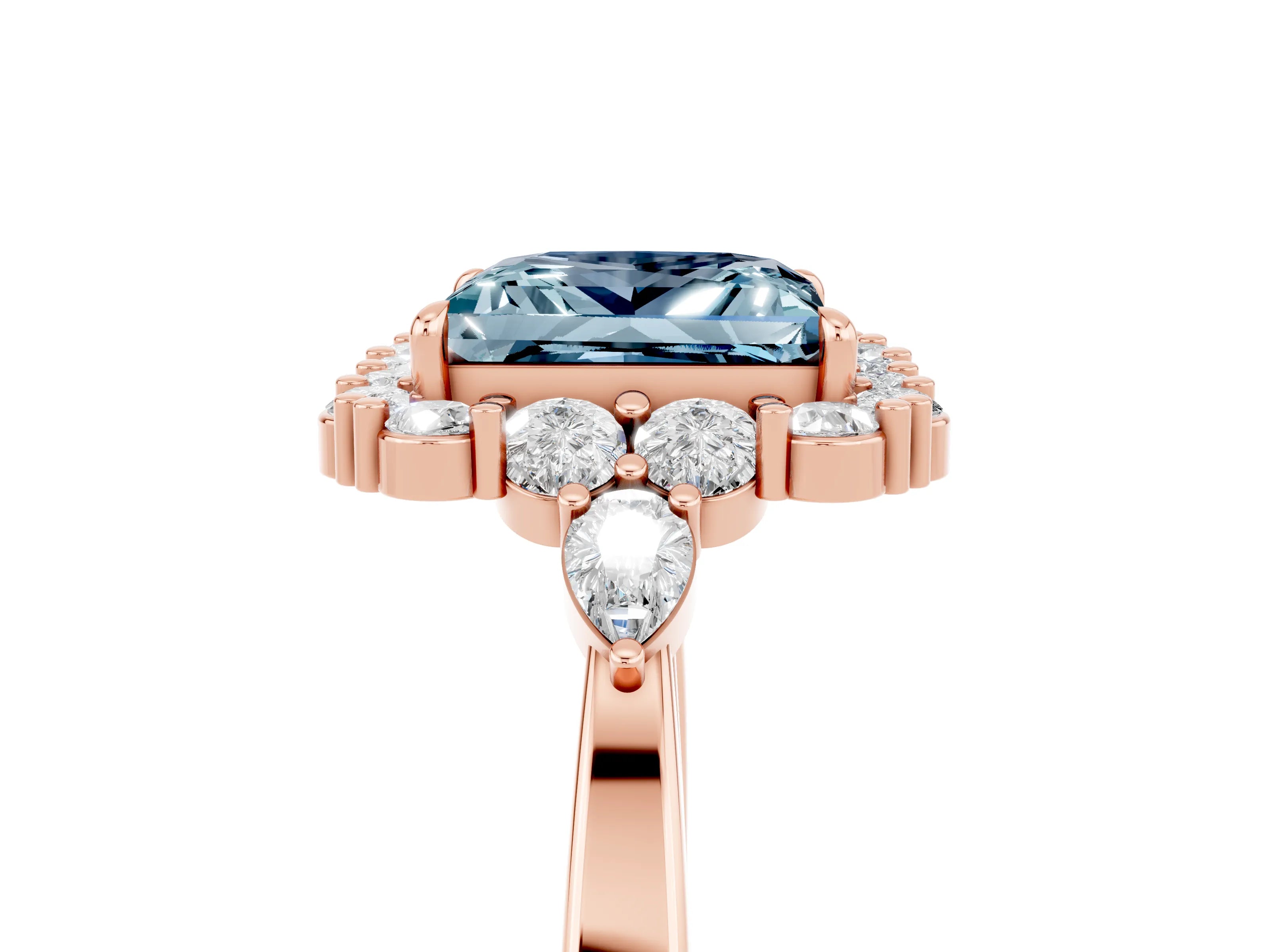 Rose gold Princess Cut Aquamarine Halo Ring with Pear Side Stones and Prong Setting_17
