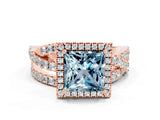 Rose gold Princess Cut Aquamarine Halo Ring with Round Split Shank and Prong Setting_48