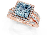 Rose gold Princess Cut Aquamarine Halo Ring with Round Split Shank and Prong Setting_49
