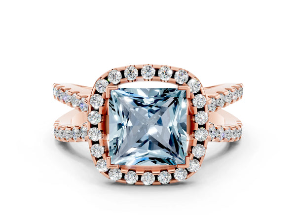 Rose gold Princess Cut Aquamarine Halo Ring with Split Shank Pavé Band and Prong Setting