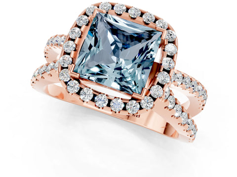 Rose gold Princess Cut Aquamarine Halo Ring with Split Shank Pavé Band and Prong Setting_1