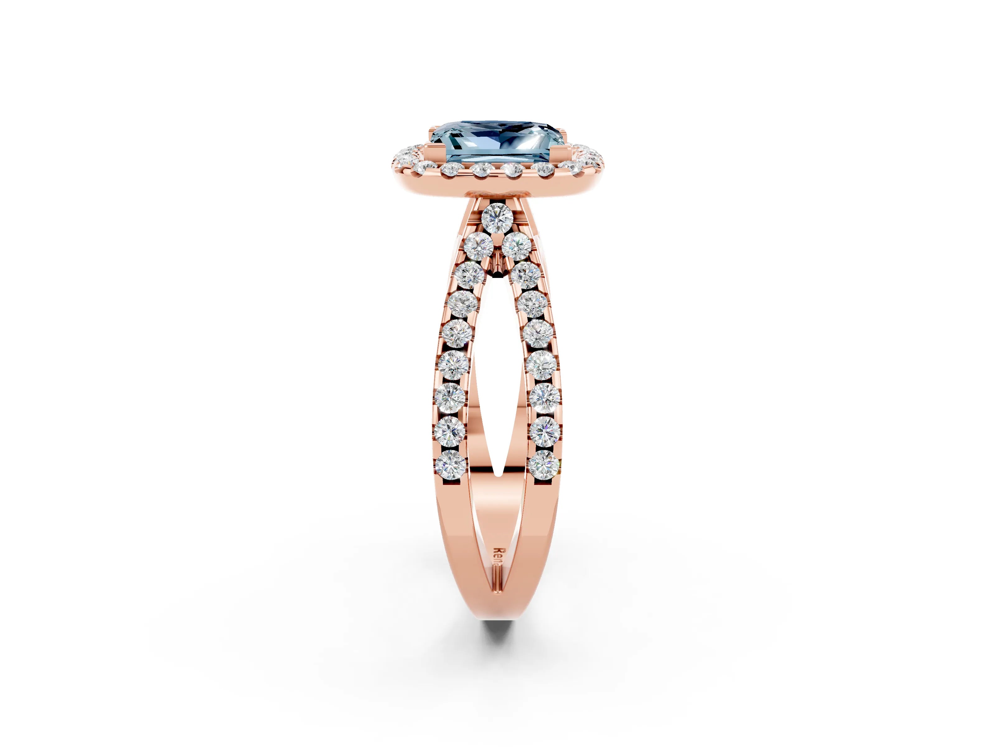 Rose gold Princess Cut Aquamarine Halo Ring with Split Shank Pavé Band and Prong Setting_2