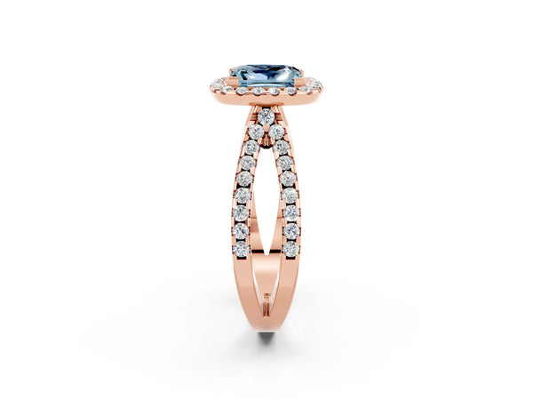 Rose gold Princess Cut Aquamarine Halo Ring with Split Shank Pavé Band and Prong Setting