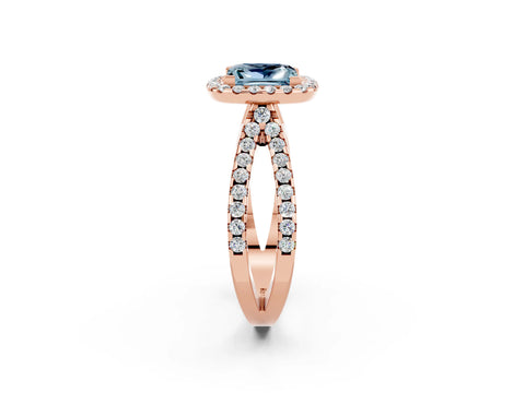 Rose gold Princess Cut Aquamarine Halo Ring with Split Shank Pavé Band and Prong Setting_2