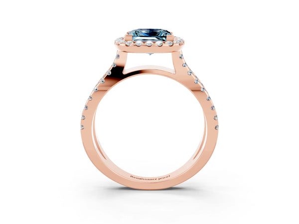 Rose gold Princess Cut Aquamarine Halo Ring with Split Shank Pavé Band and Prong Setting