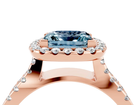 Rose gold Princess Cut Aquamarine Halo Ring with Split Shank Pavé Band and Prong Setting_4