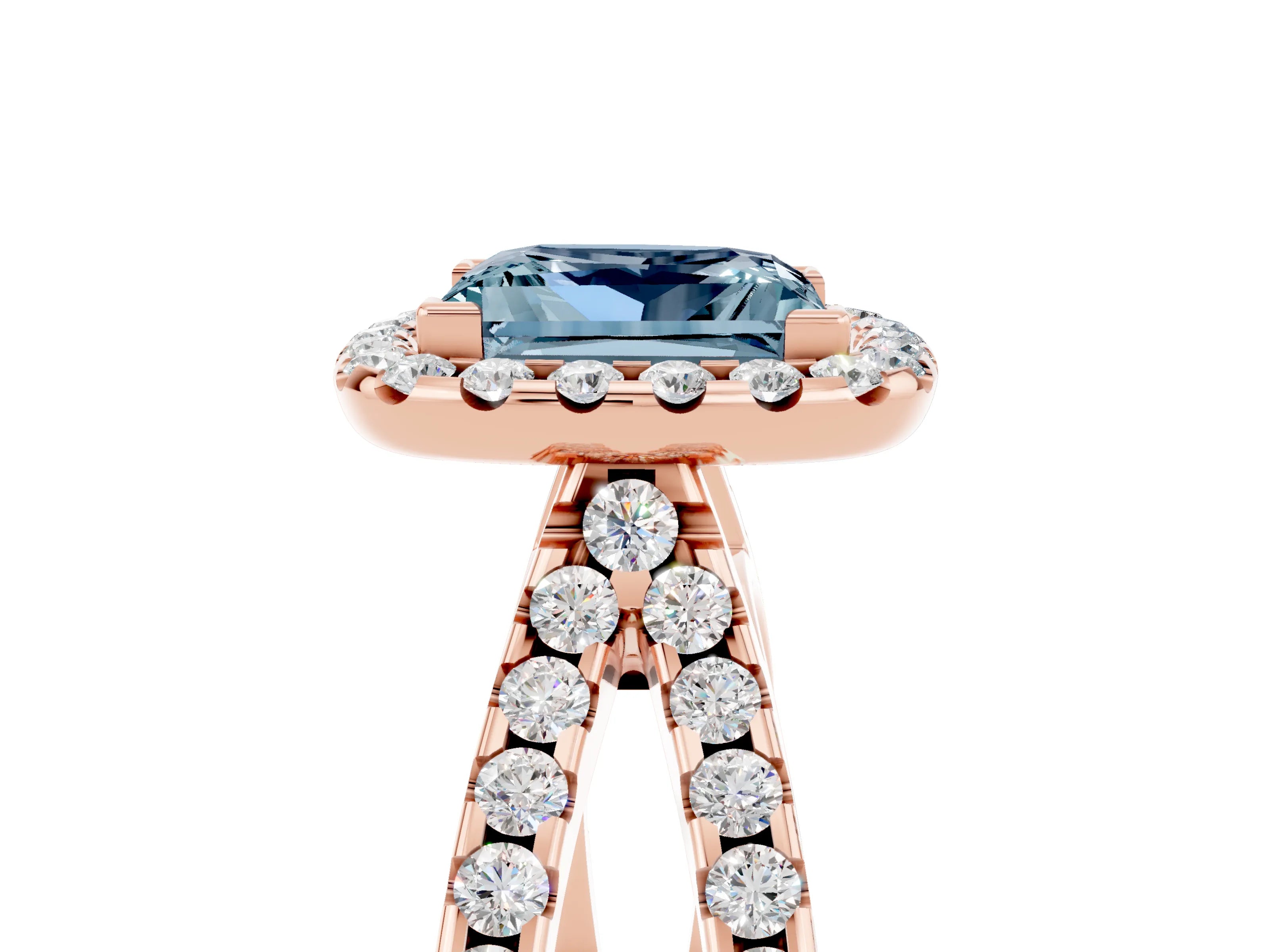 Rose gold Princess Cut Aquamarine Halo Ring with Split Shank Pavé Band and Prong Setting_5