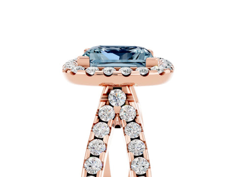 Rose gold Princess Cut Aquamarine Halo Ring with Split Shank Pavé Band and Prong Setting_5