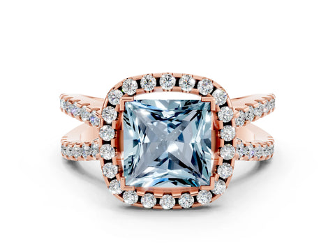 Rose gold Princess Cut Aquamarine Halo Ring with Split Shank Pavé Band and Prong Setting