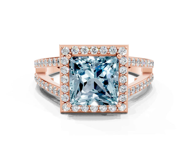 Rose gold Princess Cut Aquamarine Halo Ring with Split Shank U-Prong Band and Four-Prong Setting