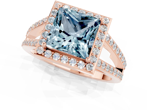 Rose gold Princess Cut Aquamarine Halo Ring with Split Shank U-Prong Band and Four-Prong Setting