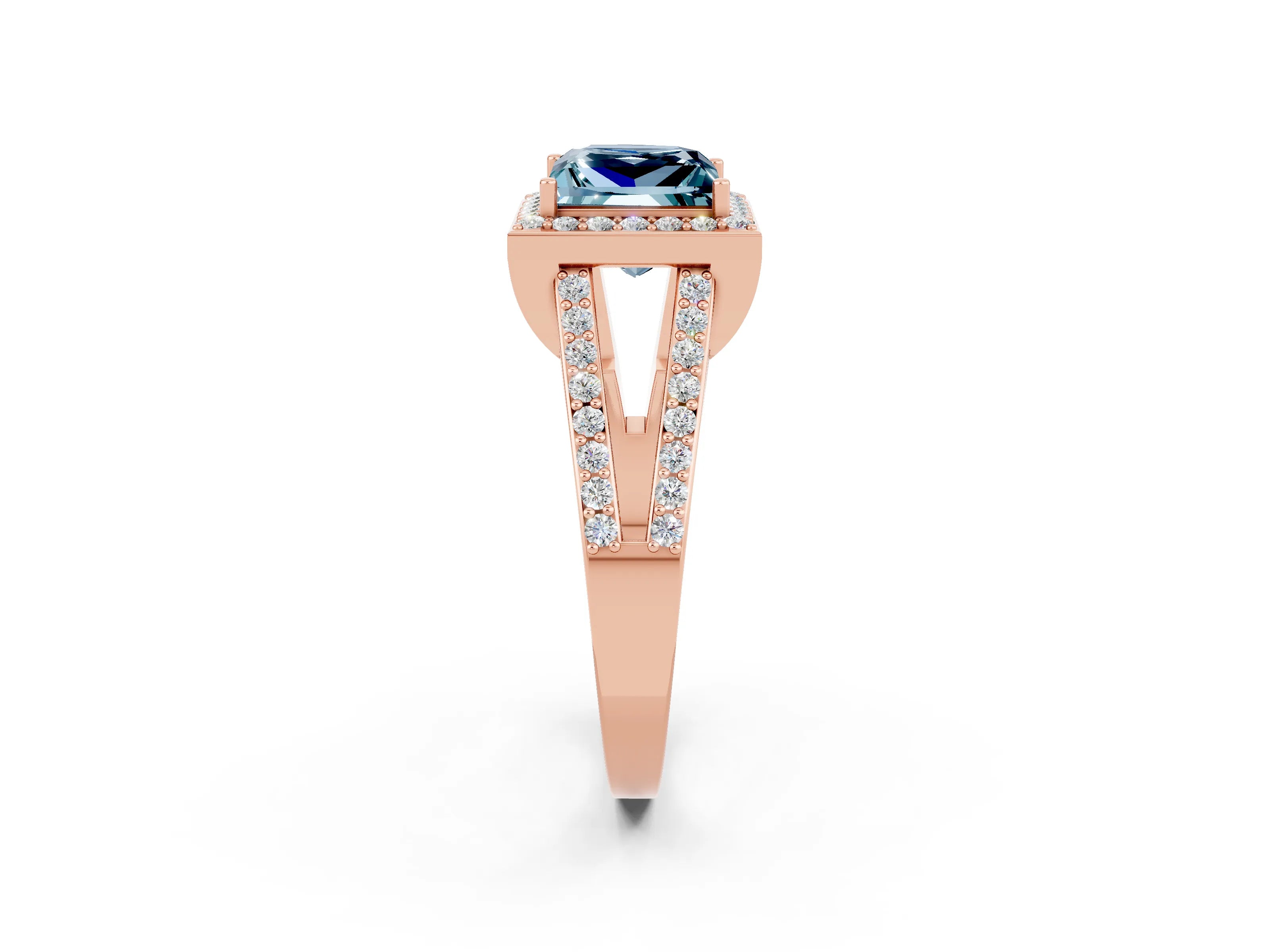 Rose gold Princess Cut Aquamarine Halo Ring with Split Shank U-Prong Band and Four-Prong Setting_2