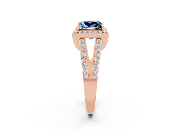 Rose gold Princess Cut Aquamarine Halo Ring with Split Shank U-Prong Band and Four-Prong Setting