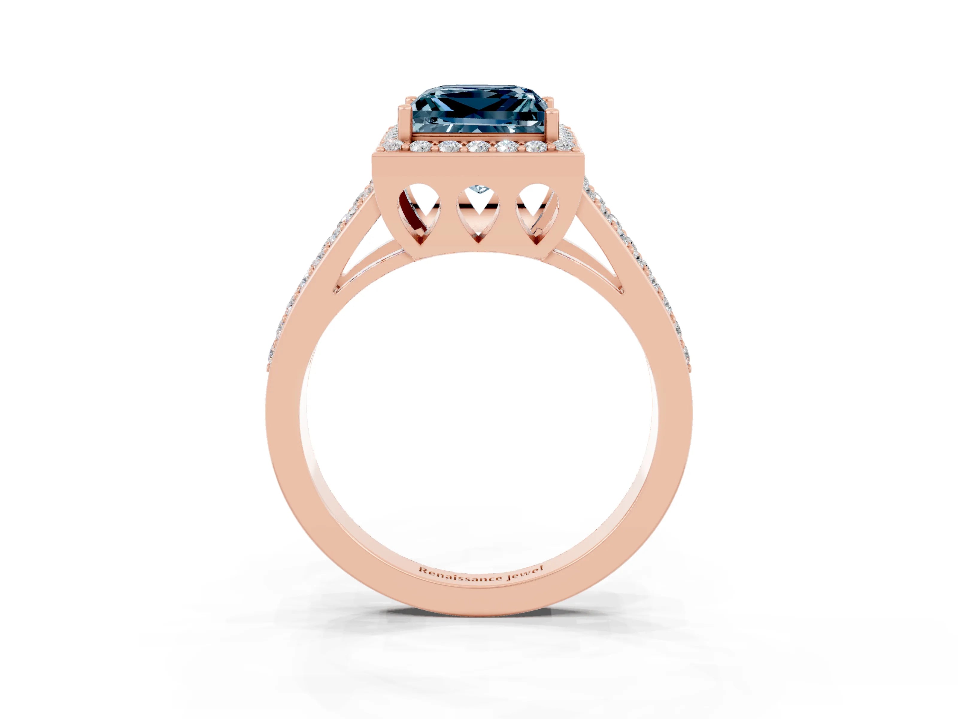 Rose gold Princess Cut Aquamarine Halo Ring with Split Shank U-Prong Band and Four-Prong Setting_3