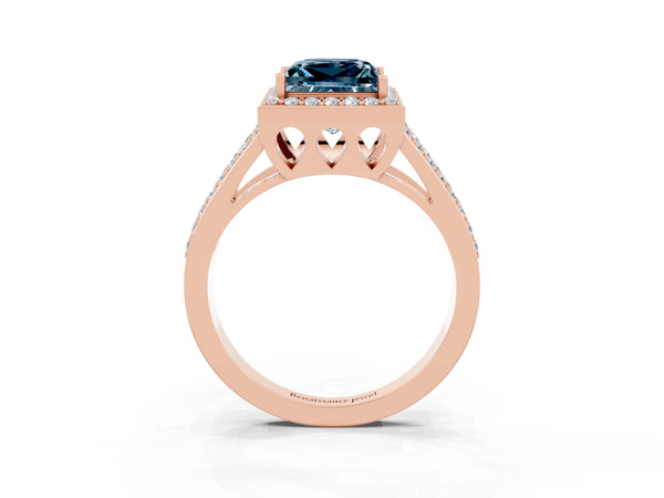 Rose gold Princess Cut Aquamarine Halo Ring with Split Shank U-Prong Band and Four-Prong Setting