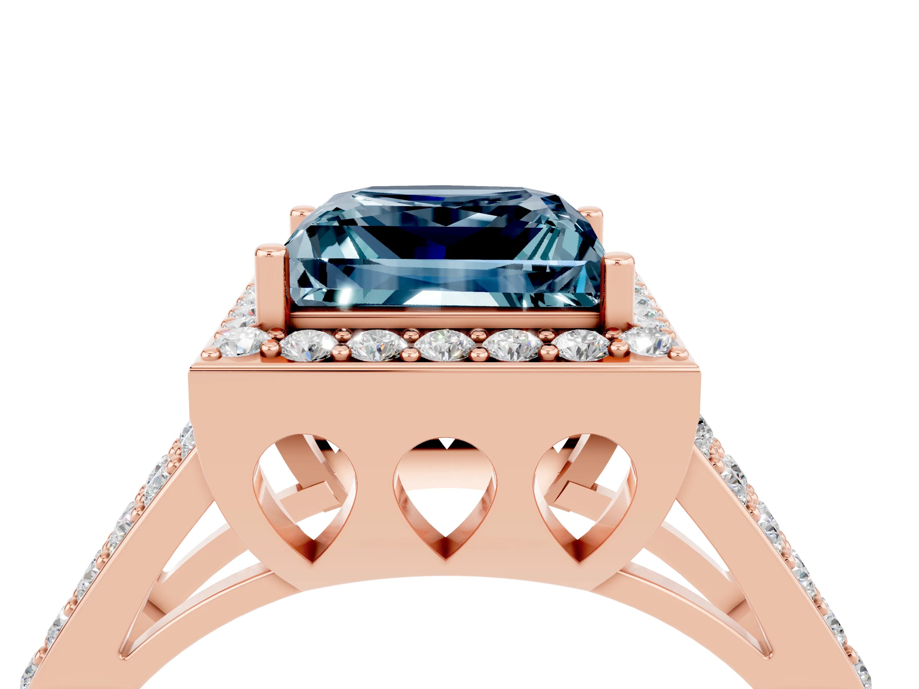 Rose gold Princess Cut Aquamarine Halo Ring with Split Shank U-Prong Band and Four-Prong Setting_4