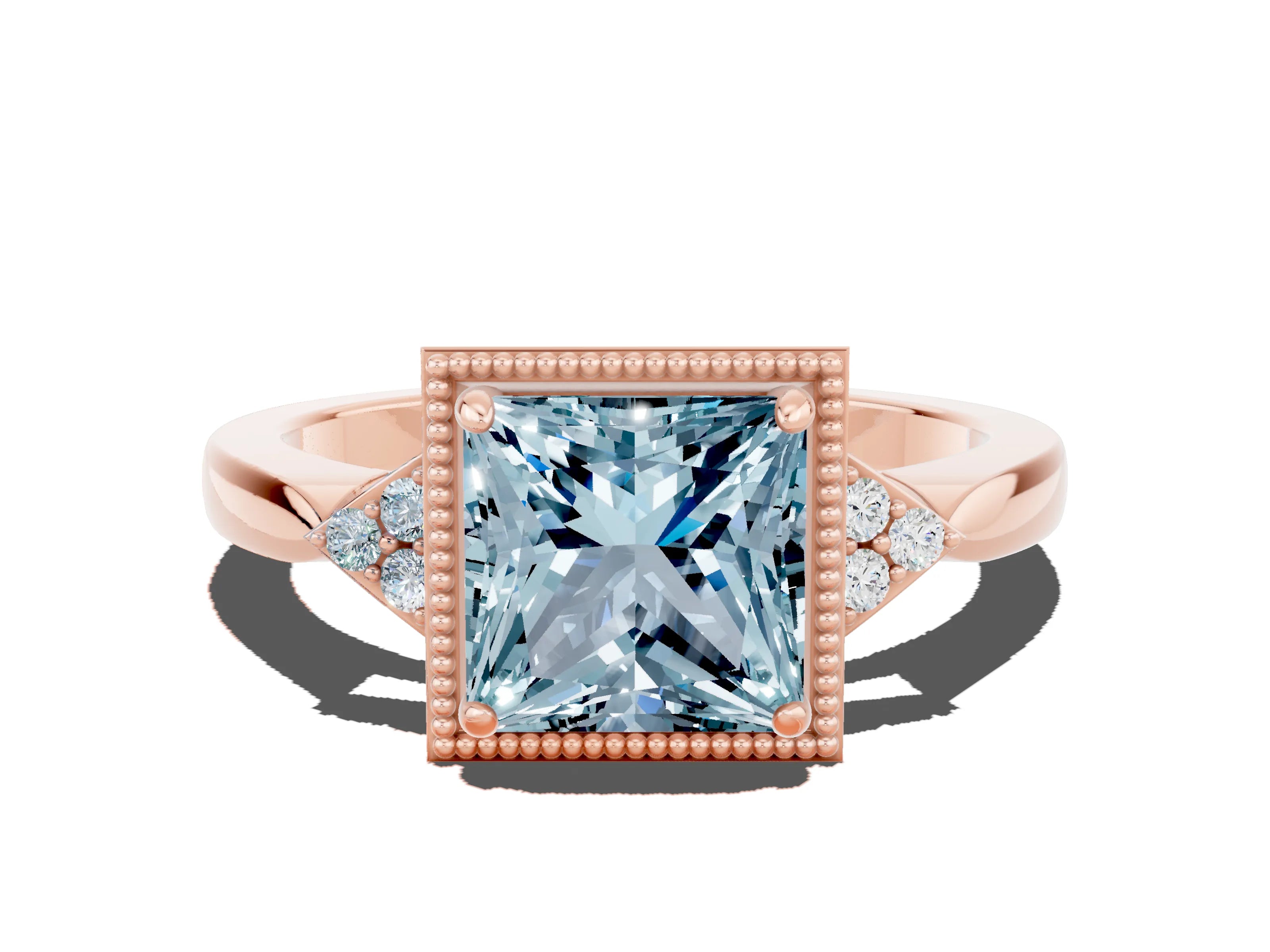 Rose gold Princess Cut Aquamarine Halo Ring with Tapered Band and Four-Prong Setting