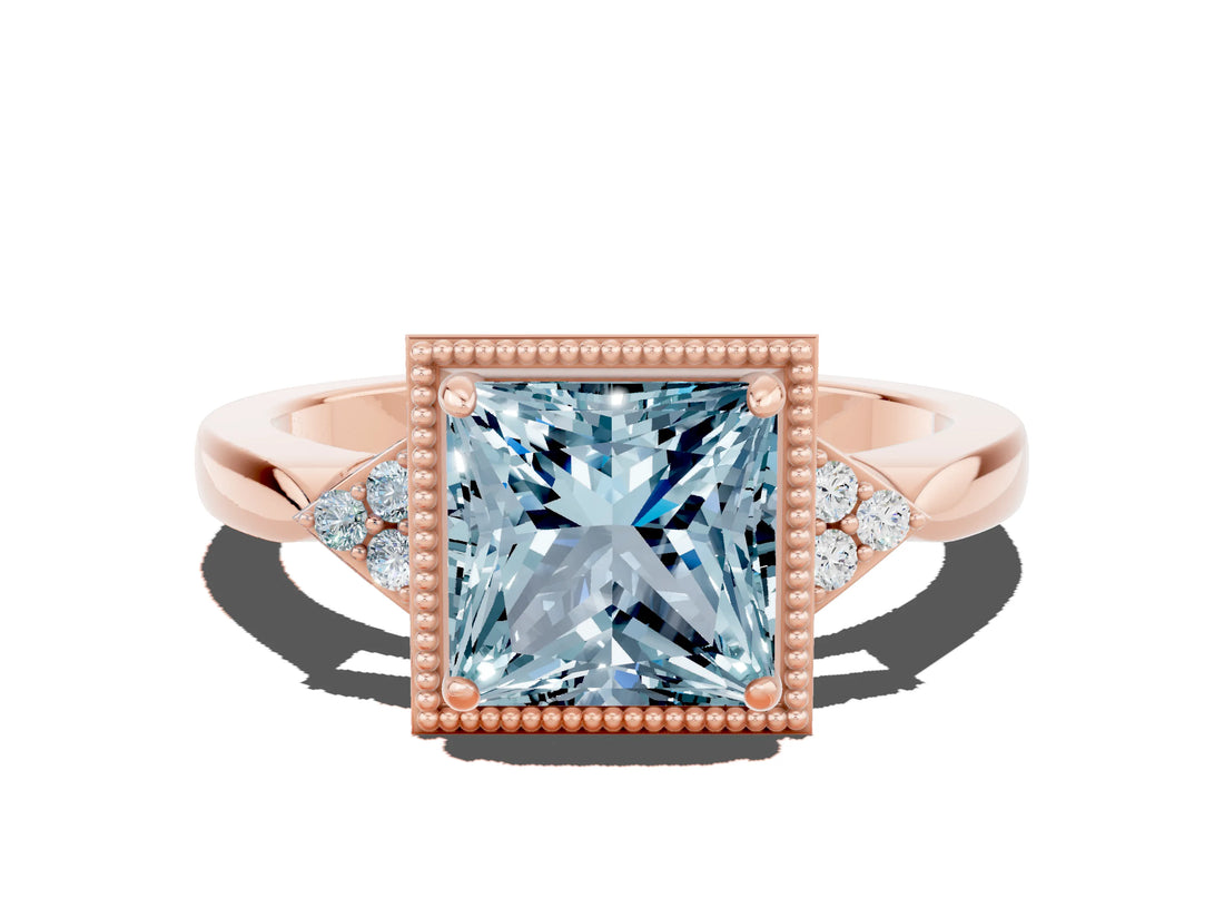 Rose gold Princess Cut Aquamarine Halo Ring with Tapered Band and Four-Prong Setting