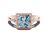 Rose gold Princess Cut Aquamarine Halo Ring with Tapered Band and Four-Prong Setting