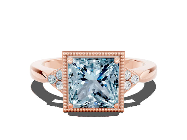 Rose gold Princess Cut Aquamarine Halo Ring with Tapered Band and Four-Prong Setting
